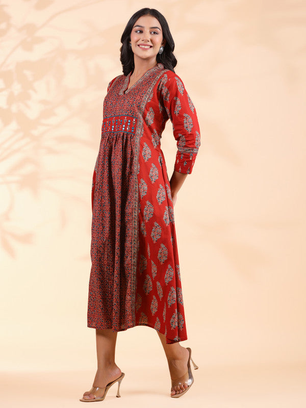 Red Geometric Print  A-Line Cotton Dress