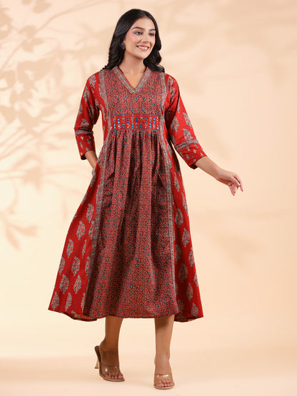 Red Geometric Print  A-Line Cotton Dress