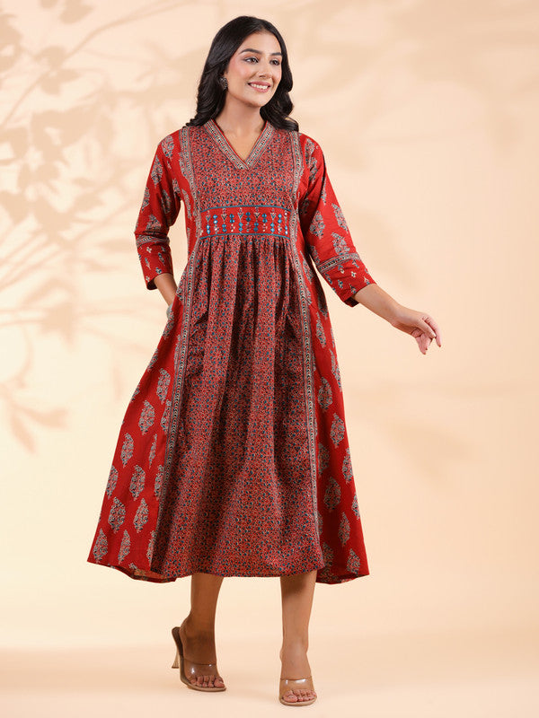 Red Geometric Print  A-Line Cotton Dress