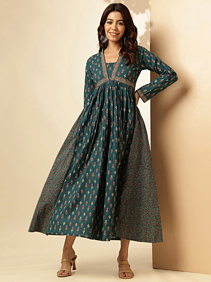 Aqua Blue Floral Print With Lace Work Cotton Dress