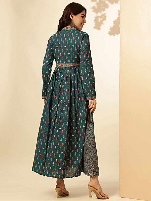 Aqua Blue Floral Print With Lace Work Cotton Dress