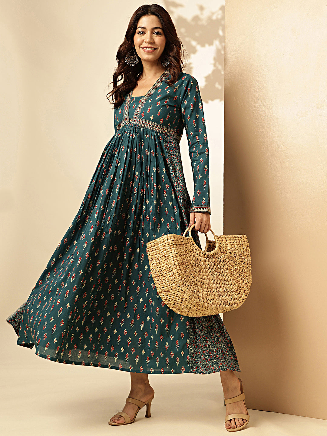 Aqua Blue Floral Print With Lace Work Cotton Dress