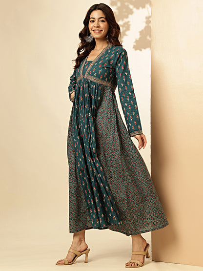 Aqua Blue Floral Print With Lace Work Cotton Dress