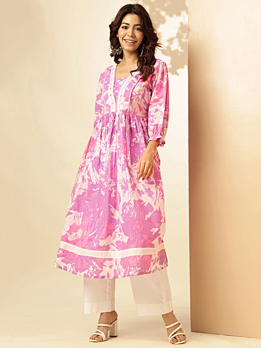 Lavender Graphics Print Fit And Flare Cotton Stitched Kurta