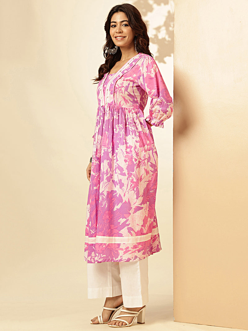 Lavender Graphics Print Fit And Flare Cotton Stitched Kurta