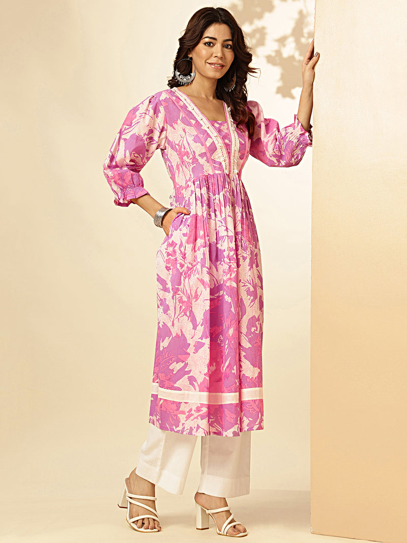 Lavender Graphics Print Fit And Flare Cotton Stitched Kurta