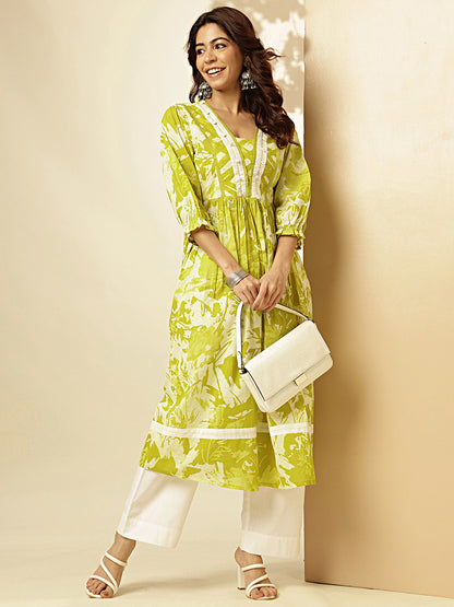 Mahendi Graphics Print Fit And Flare Cotton Stitched Kurta