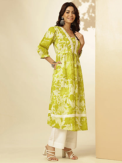 Mahendi Graphics Print Fit And Flare Cotton Stitched Kurta