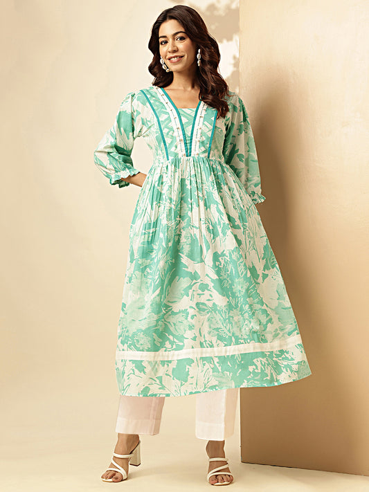 Aqua Blue Floral Print A-line Cotton Stitched Kurta