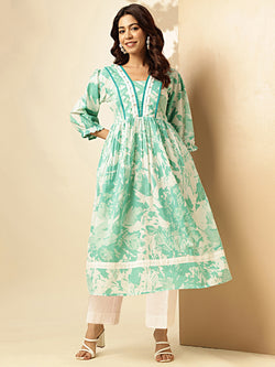 Aqua Blue Floral Print A-line Cotton Stitched Kurta