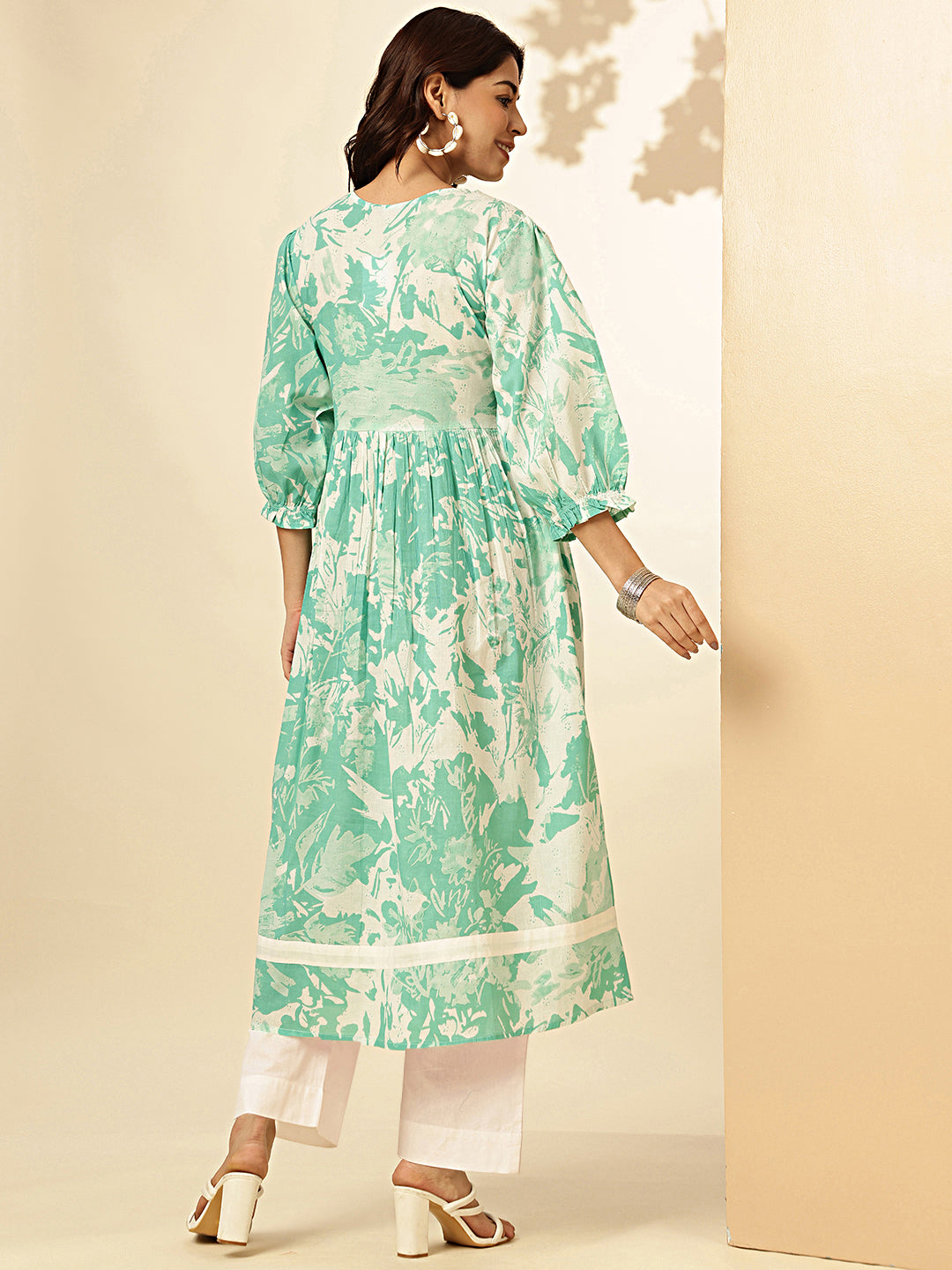 Aqua Blue Floral Print A-line Cotton Stitched Kurta