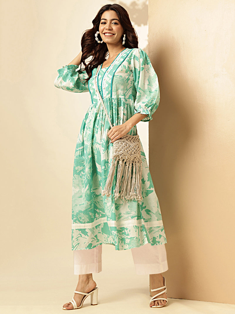 Aqua Blue Floral Print A-line Cotton Stitched Kurta