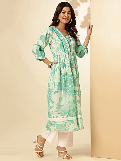 Aqua Blue Floral Print A-line Cotton Stitched Kurta