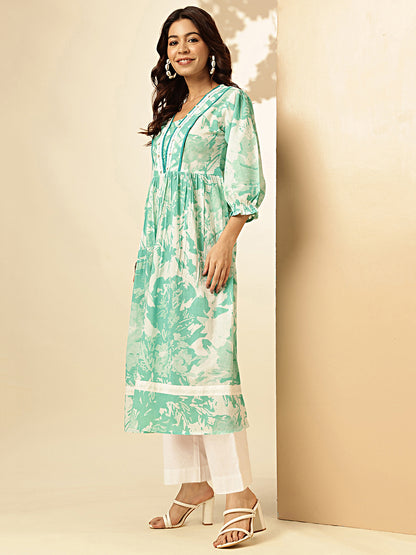 Aqua Blue Floral Print A-line Cotton Stitched Kurta