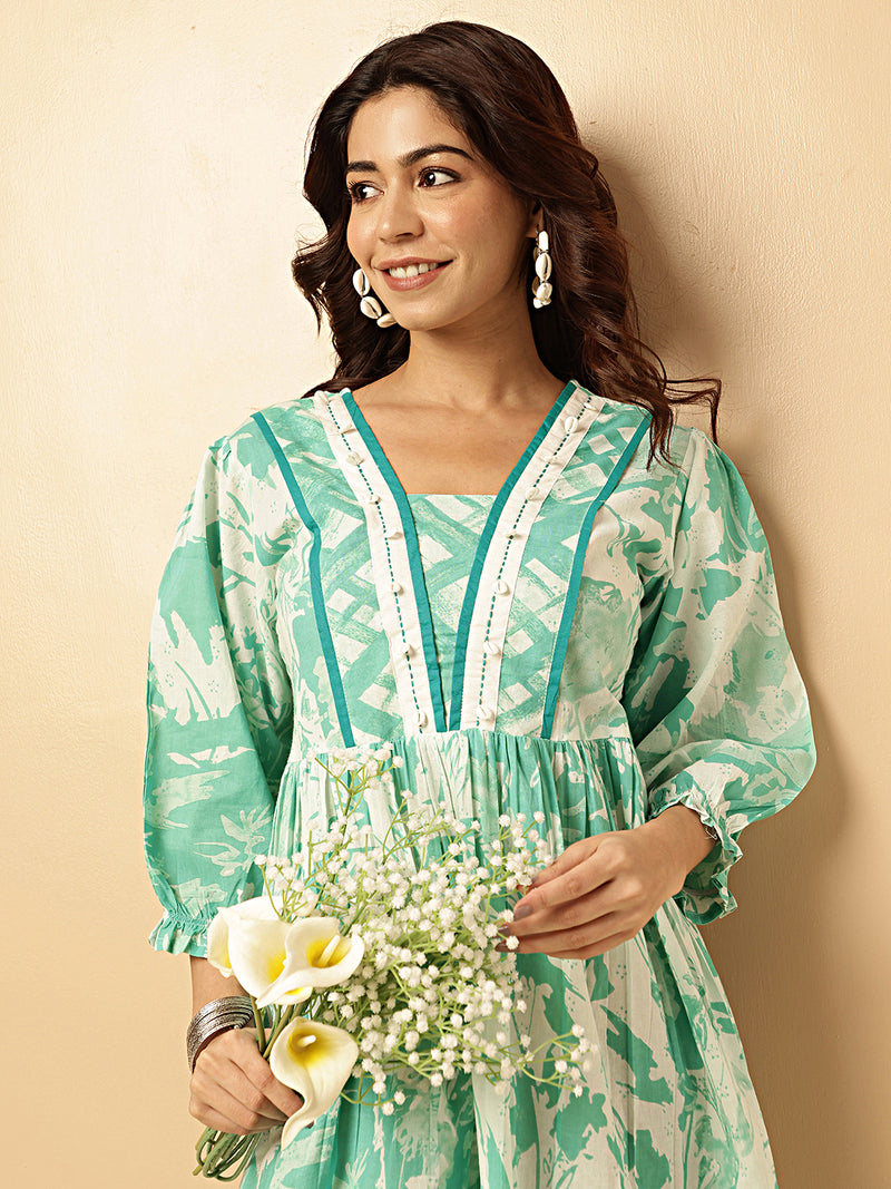 Aqua Blue Floral Print A-line Cotton Stitched Kurta