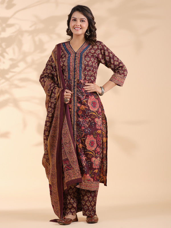 Wine Floral Print Straight Cotton Stitched Kurta Set