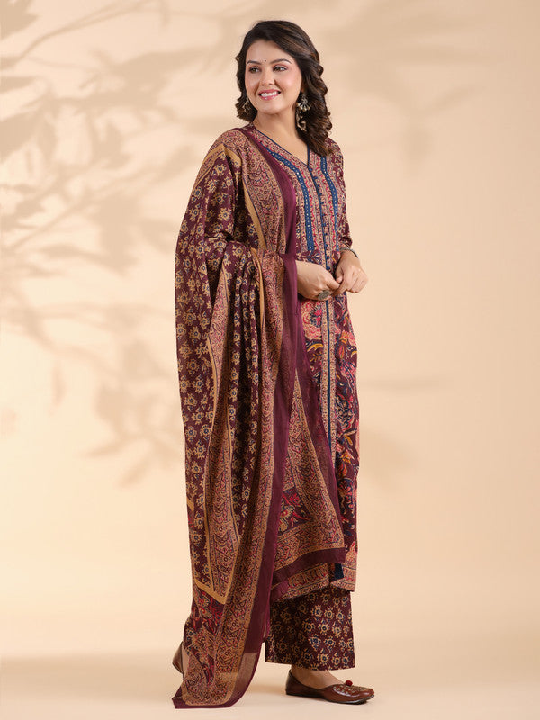 Wine Floral Print Straight Cotton Stitched Kurta Set