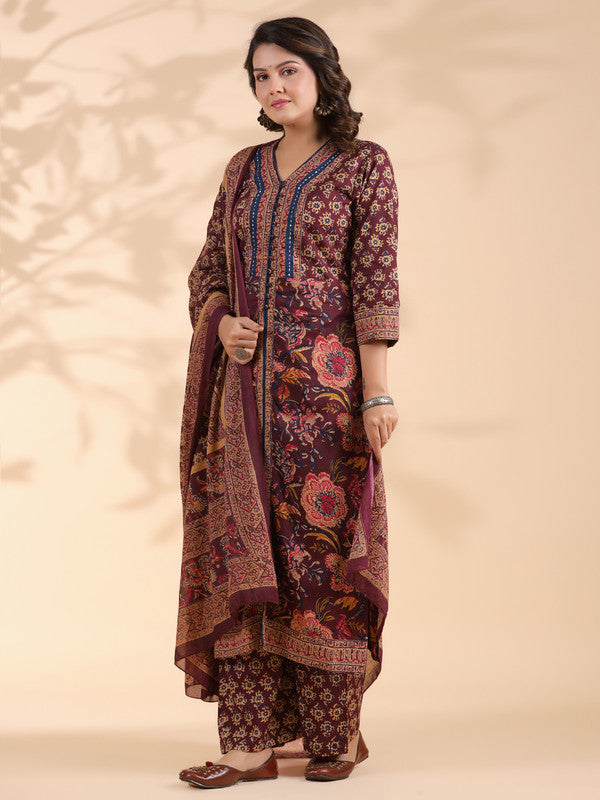 Wine Floral Print Straight Cotton Stitched Kurta Set