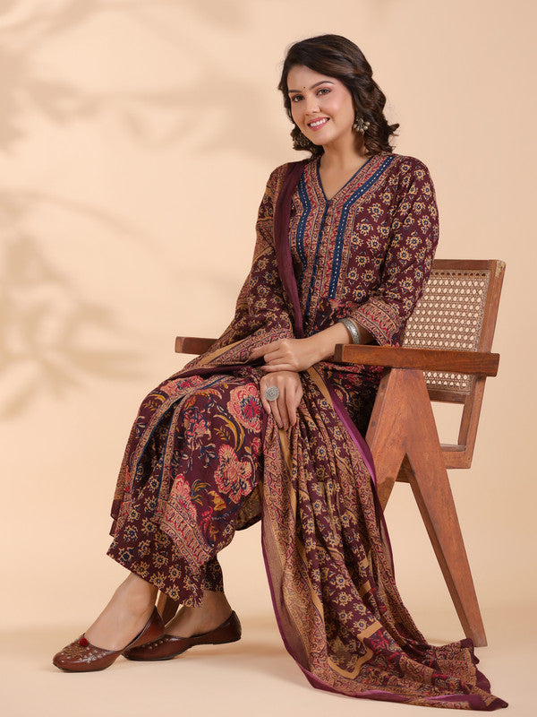 Wine Floral Print Straight Cotton Stitched Kurta Set