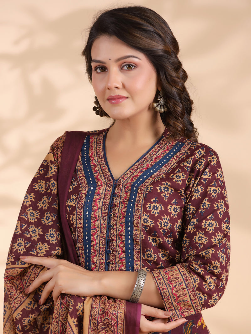 Wine Floral Print Straight Cotton Stitched Kurta Set