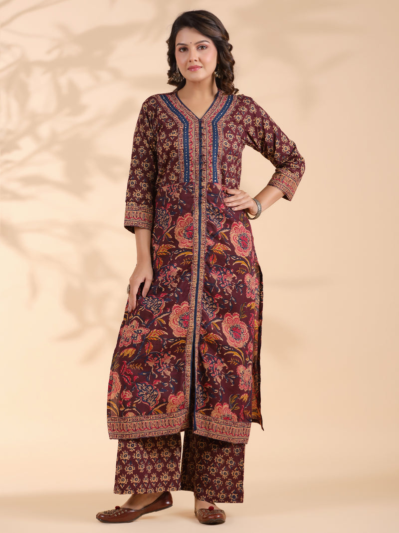 Wine Floral Print Straight Cotton Stitched Kurta Set