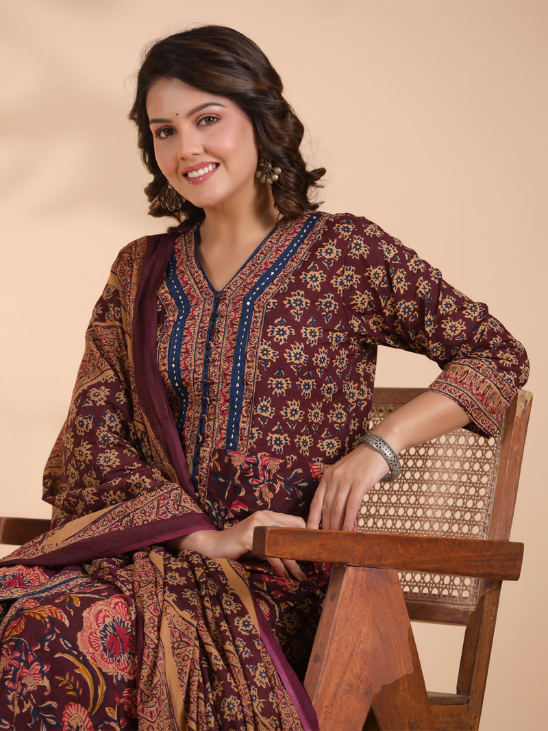 Wine Floral Print Straight Cotton Stitched Kurta Set