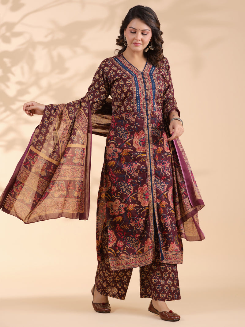 Wine Floral Print Straight Cotton Stitched Kurta Set