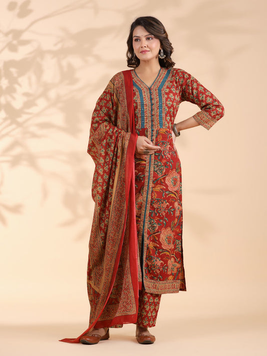 Red Floral Print Straight Cotton Stitched Kurta Set