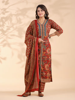 Red Floral Print Straight Cotton Stitched Kurta Set