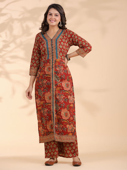 Red Floral Print Straight Cotton Stitched Kurta Set