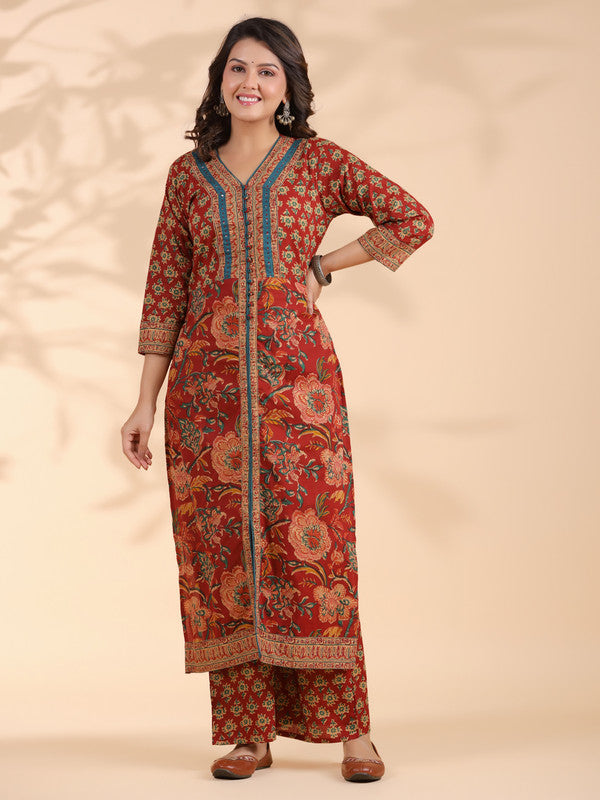 Red Floral Print Straight Cotton Stitched Kurta Set