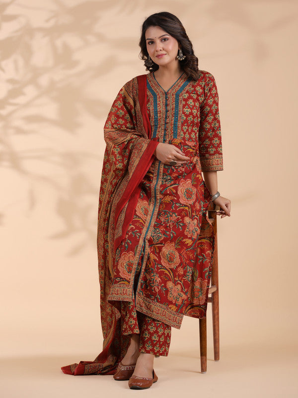 Red Floral Print Straight Cotton Stitched Kurta Set