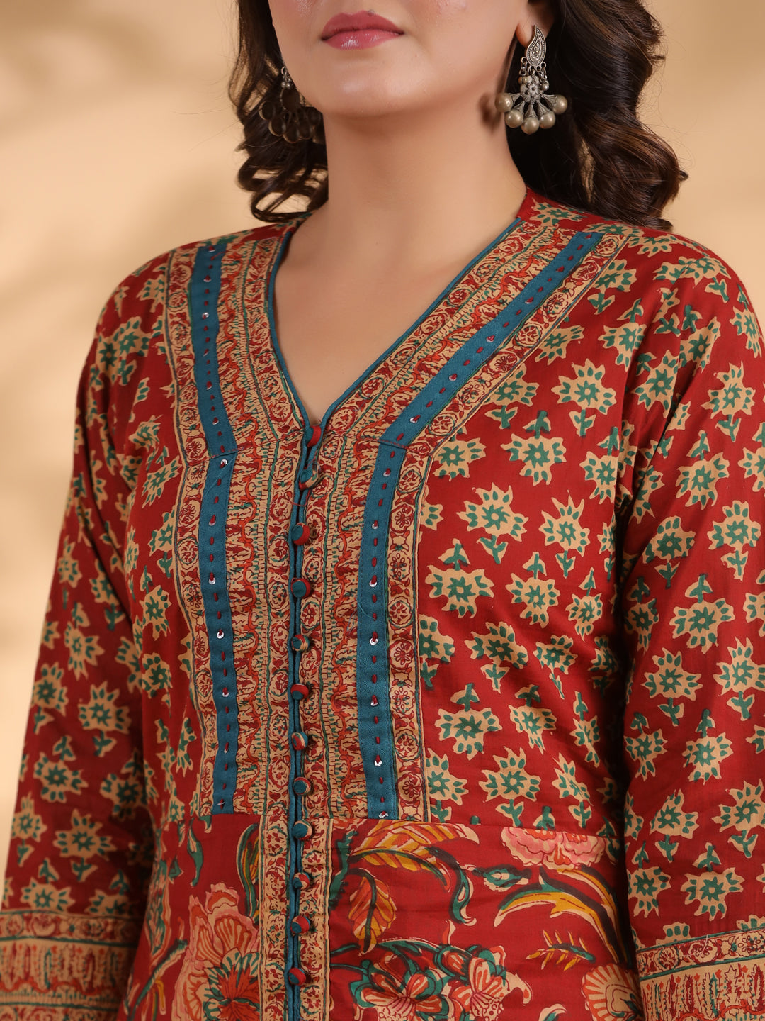 Red Floral Print Straight Cotton Stitched Kurta Set