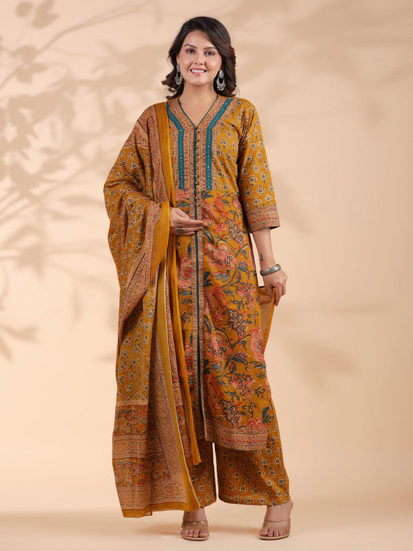 Mustard Floral Print Straight Cotton Stitched Kurta Set