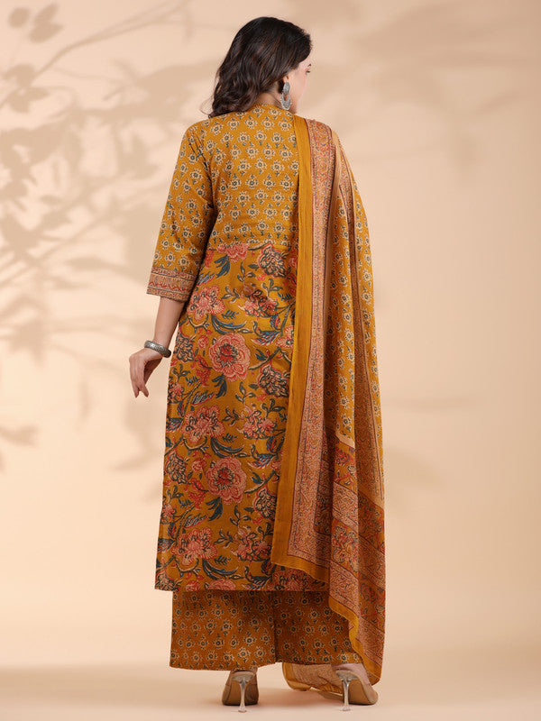 Mustard Floral Print Straight Cotton Stitched Kurta Set