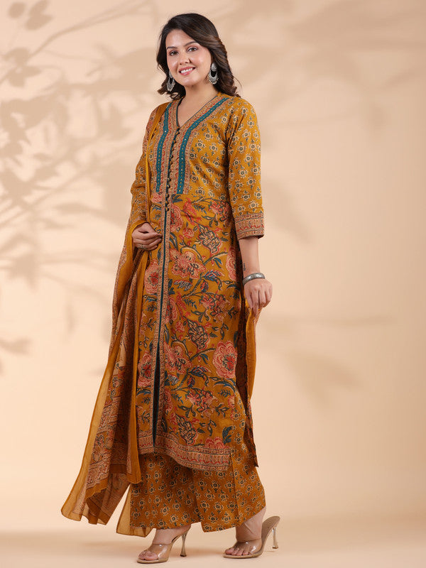 Mustard Floral Print Straight Cotton Stitched Kurta Set