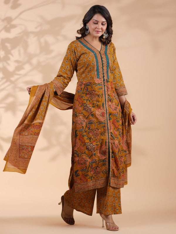 Mustard Floral Print Straight Cotton Stitched Kurta Set