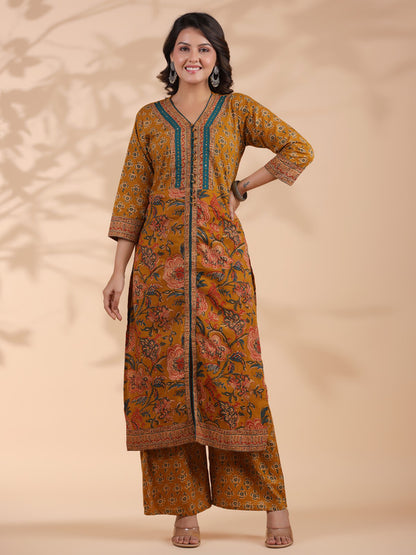 Mustard Floral Print Straight Cotton Stitched Kurta Set