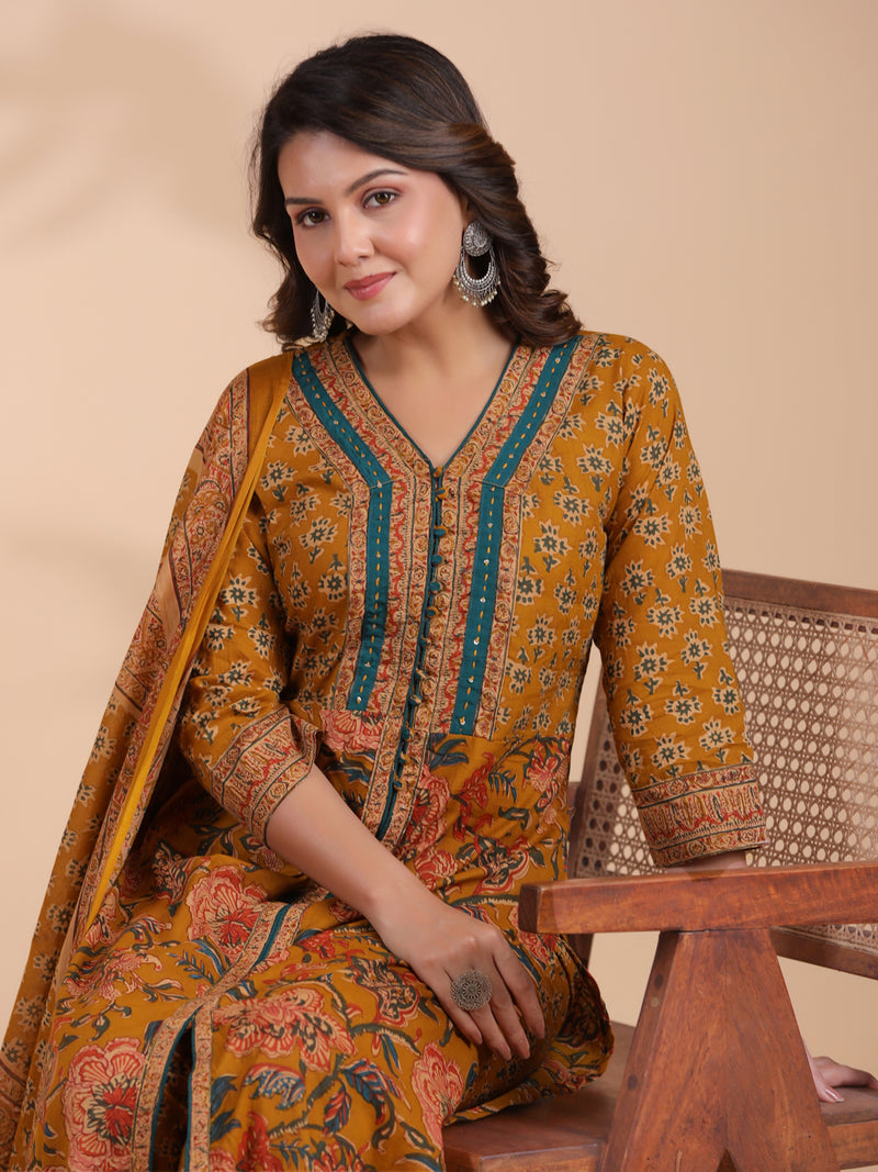 Mustard Floral Print Straight Cotton Stitched Kurta Set