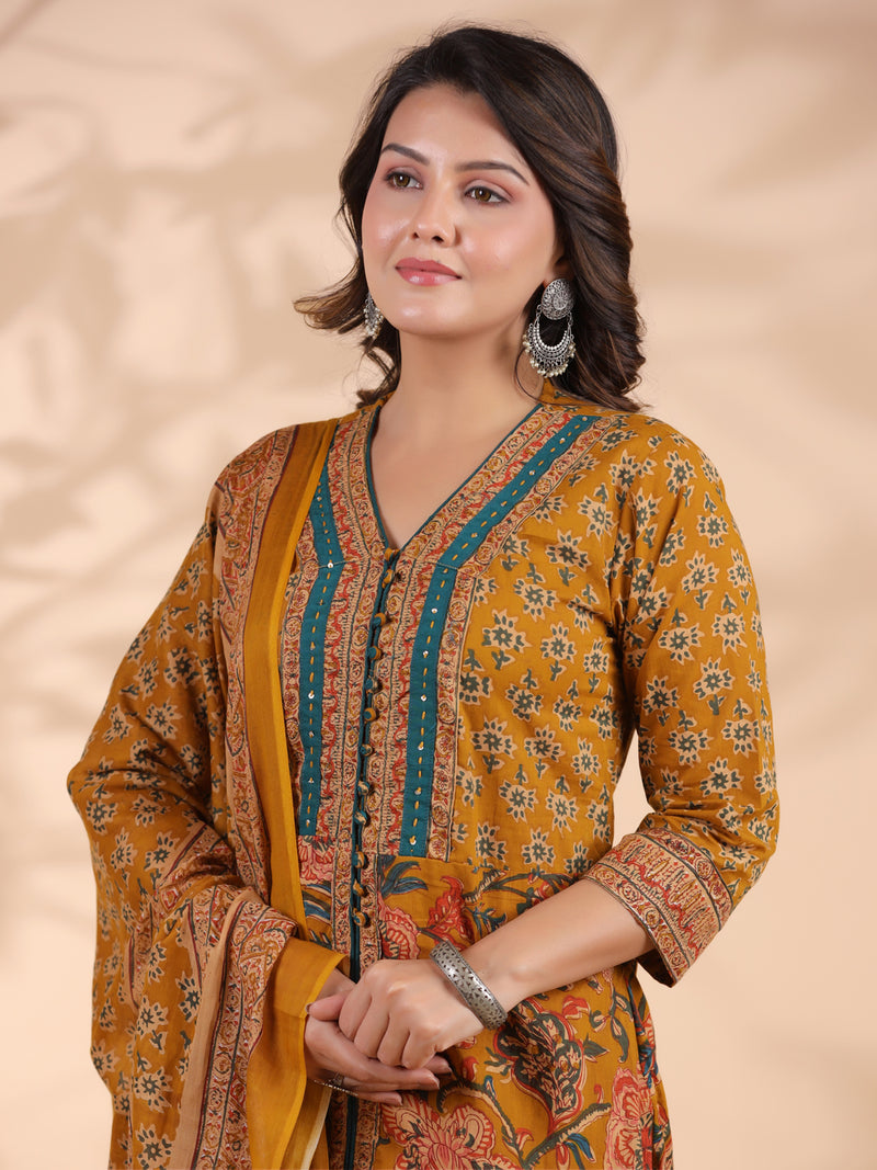 Mustard Floral Print Straight Cotton Stitched Kurta Set