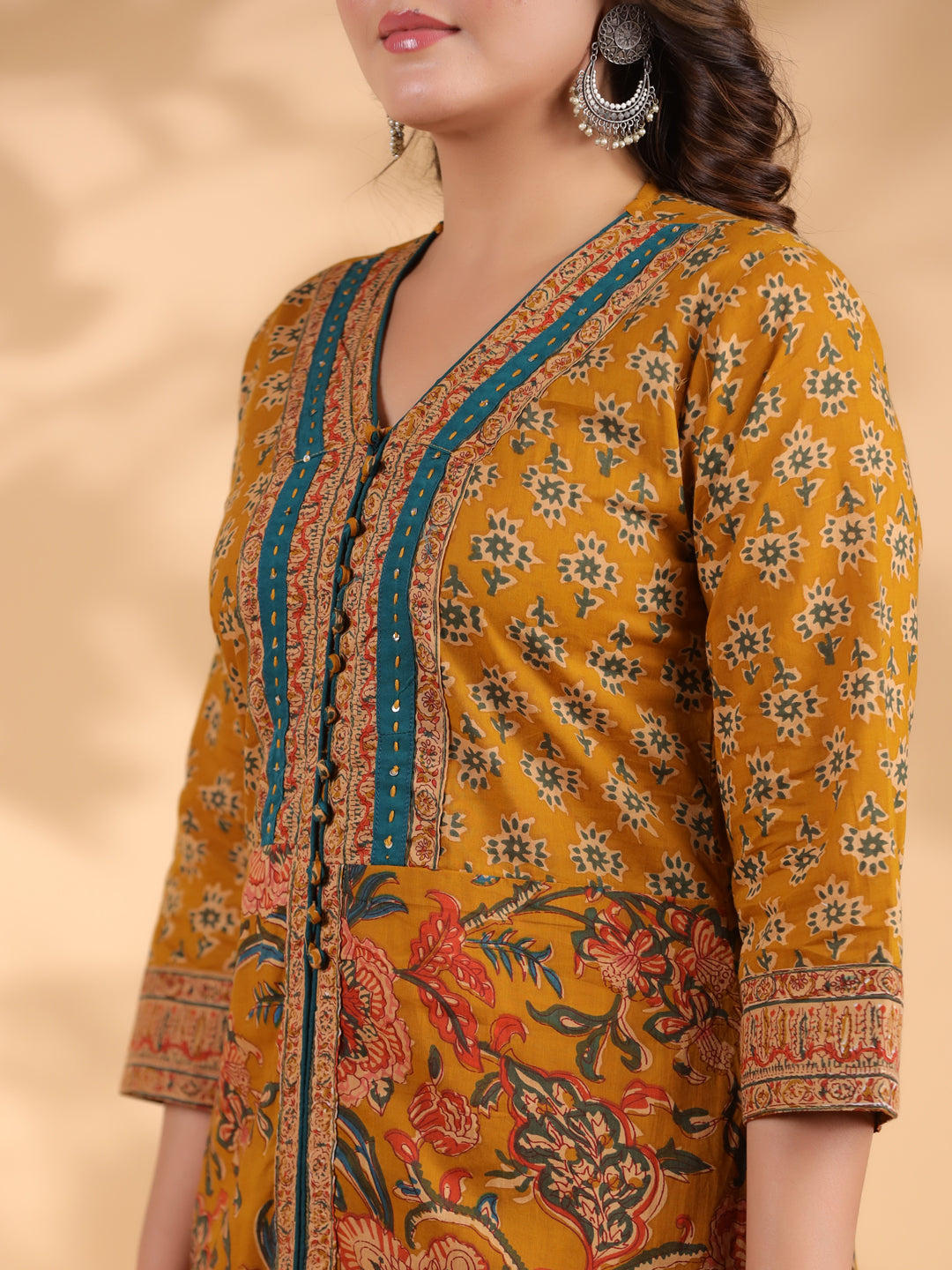 Mustard Floral Print Straight Cotton Stitched Kurta Set