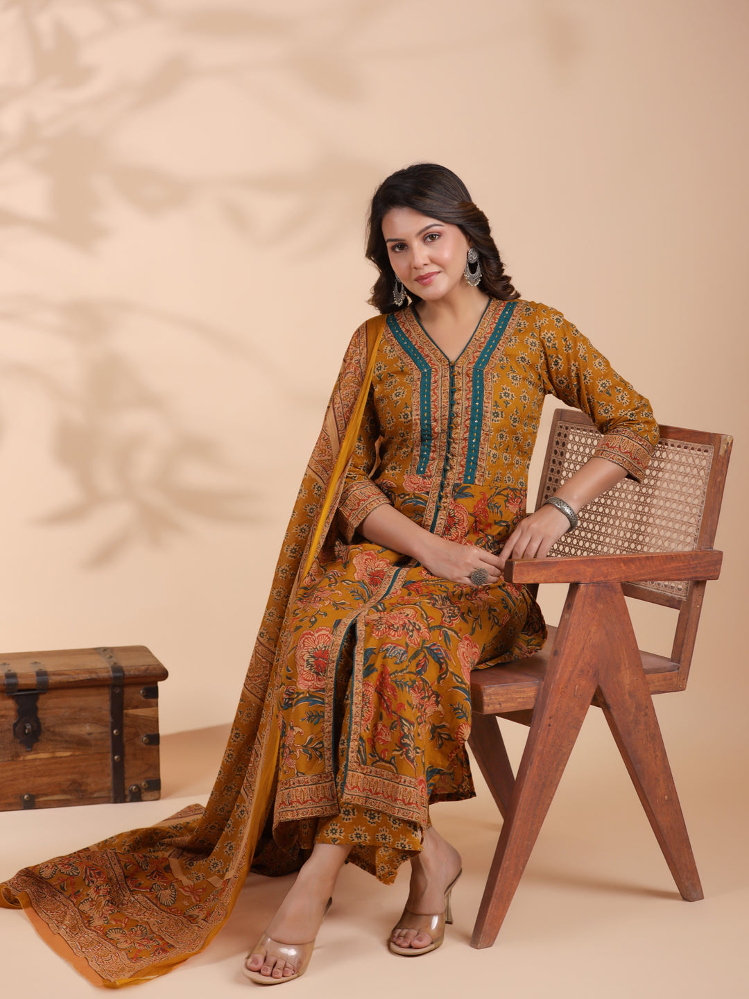 Mustard Floral Print Straight Cotton Stitched Kurta Set