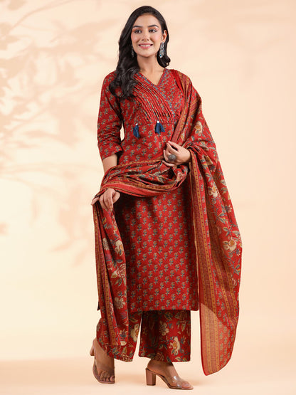 Maroon Floral Print Straight Cotton Stitched Kurta Set