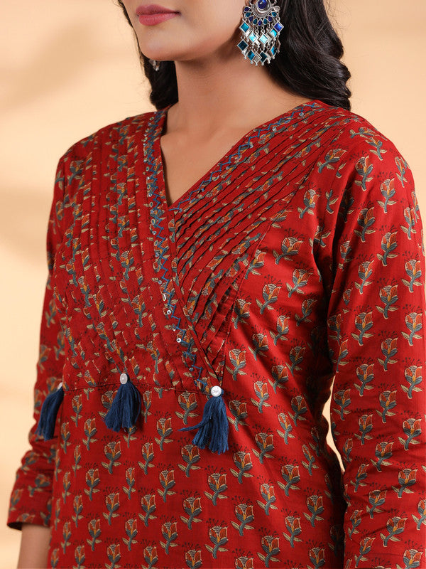 Maroon Floral Print Straight Cotton Stitched Kurta Set