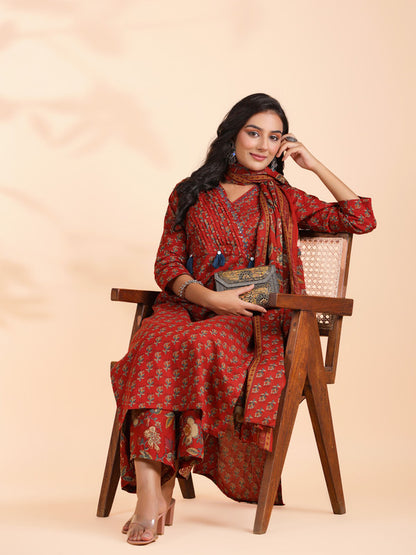 Maroon Floral Print Straight Cotton Stitched Kurta Set