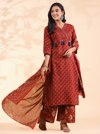 Maroon Floral Print Straight Cotton Stitched Kurta Set