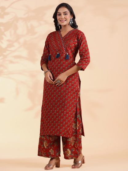 Maroon Floral Print Straight Cotton Stitched Kurta Set