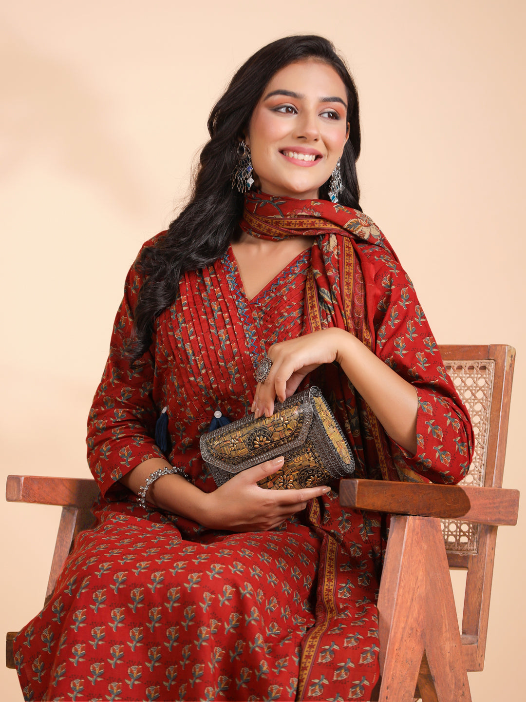 Maroon Floral Print Straight Cotton Stitched Kurta Set