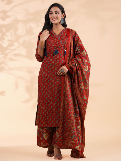 Maroon Floral Print Straight Cotton Stitched Kurta Set