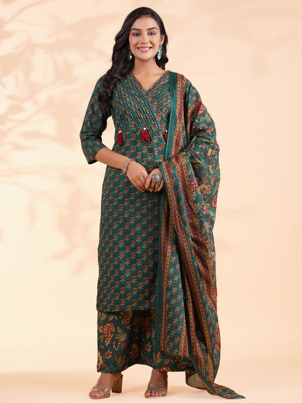 Rama Green Floral Print Straight Cotton Stitched Kurta Set